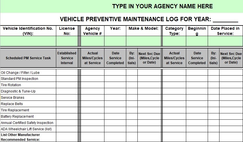 Free Printable Vehicle Maintenance Log Templates Excel Word Best 