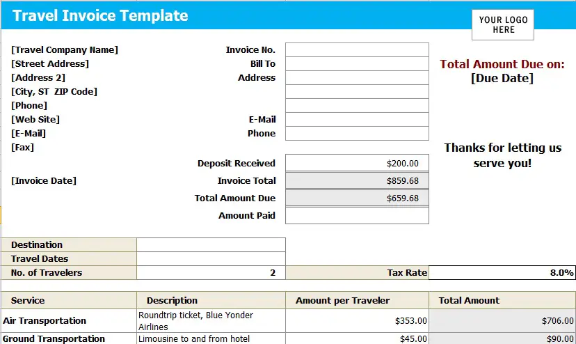 17 Free Travel Agency Invoice Templates Forms (Excel / Word / PDF