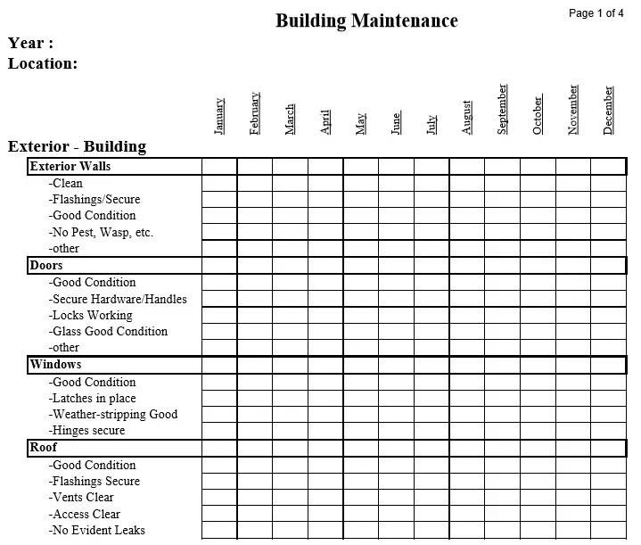 Building Maintenance Checklist Template Free