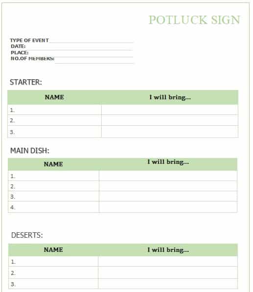 Free Potluck Sign-up Sheets For Any Occasion (Word / PDF / Excel ...