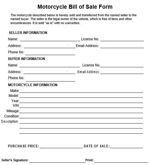 Motorcycle Bill Of Sale Template Word
