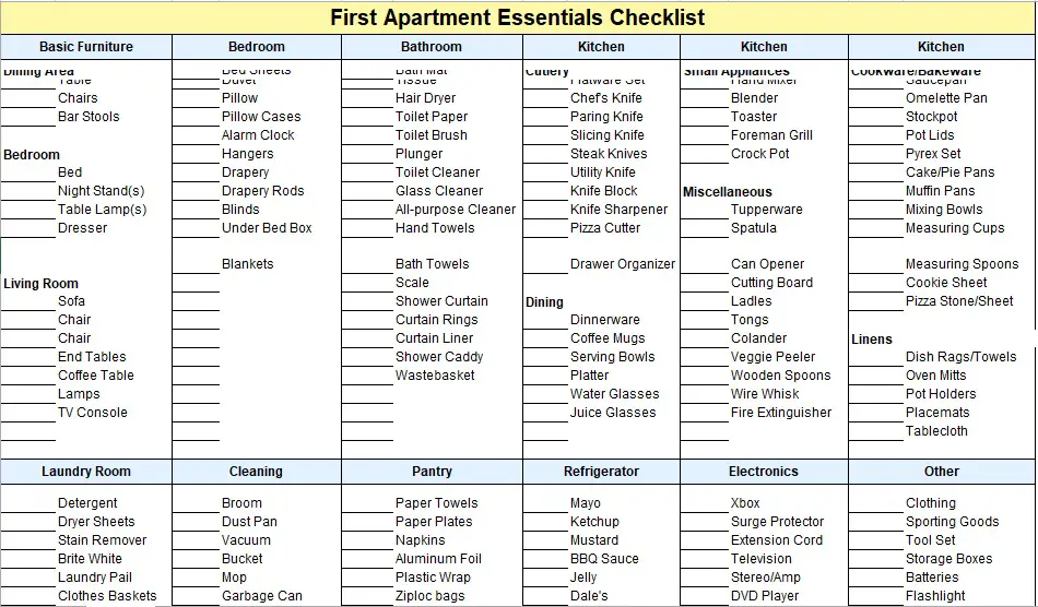 copy paste first apartment checklist detailed
