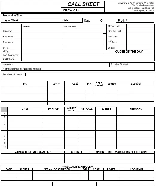 Free Printable Call Sheet Templates (Excel, Word, PDF) - Best Collections