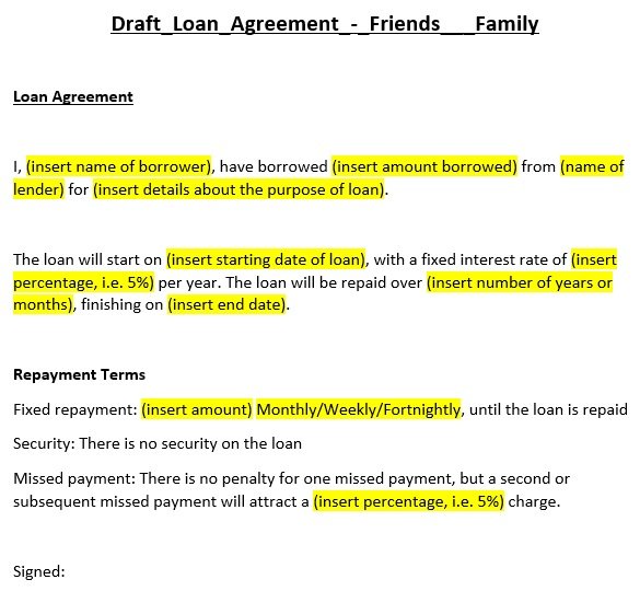 Printable Family Loan Agreement Templates MS Word Best Collections