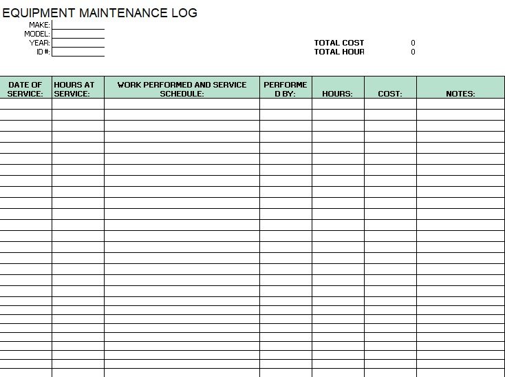 Free Equipment Maintenance Log Templates Excel Word Best Collections