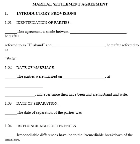Marriage Settlement Agreement Template