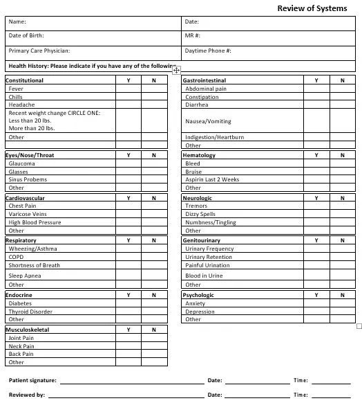 23+ Printable Review of Systems Templates & Checklists (Word) - Best ...