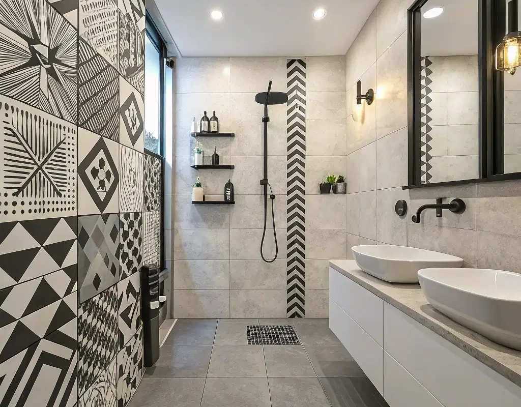 Bold Geometric Patterned Shower Tiles