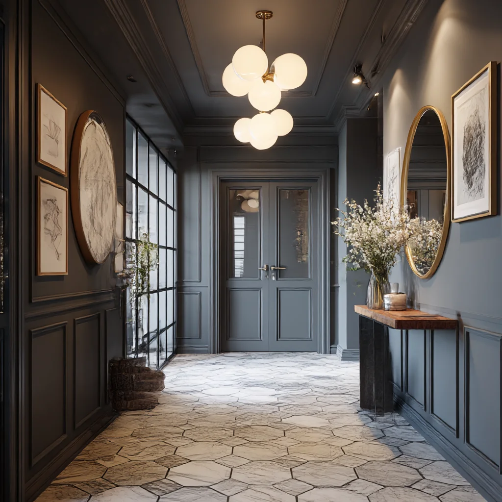 Contemporary Blue Grey Hallway with Hexagonal Tiles