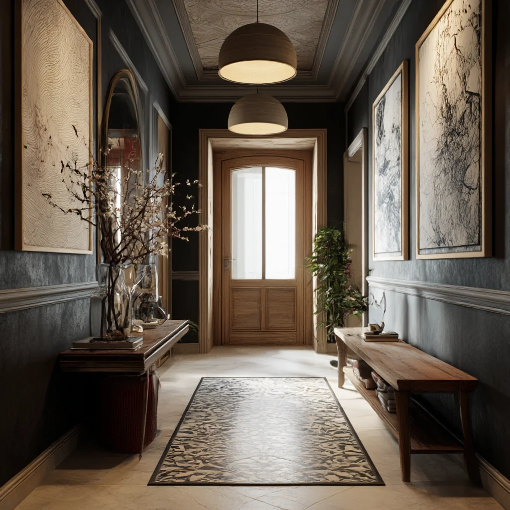 Contemporary Bright Hallway with Patterned Wallpaper
