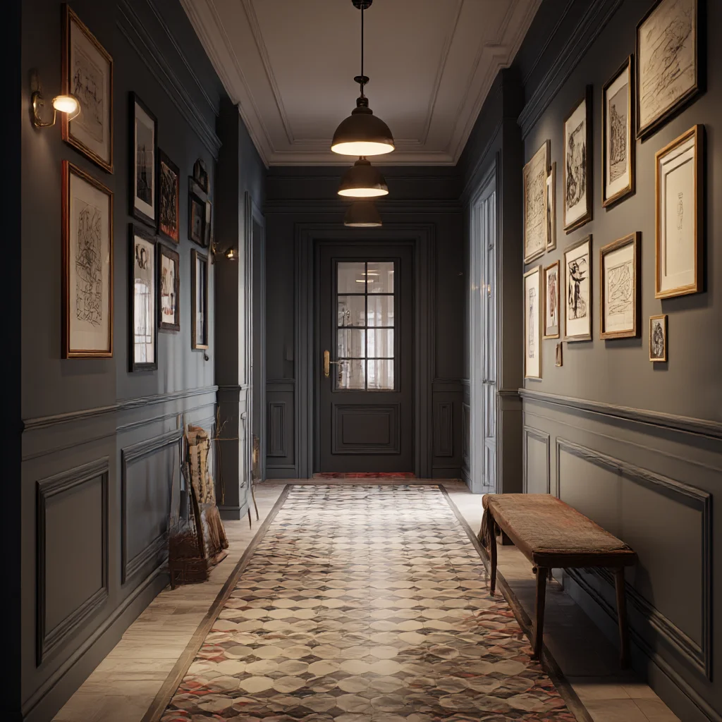 Dark Toned Artistic Hallway with Framed Gallery Wall