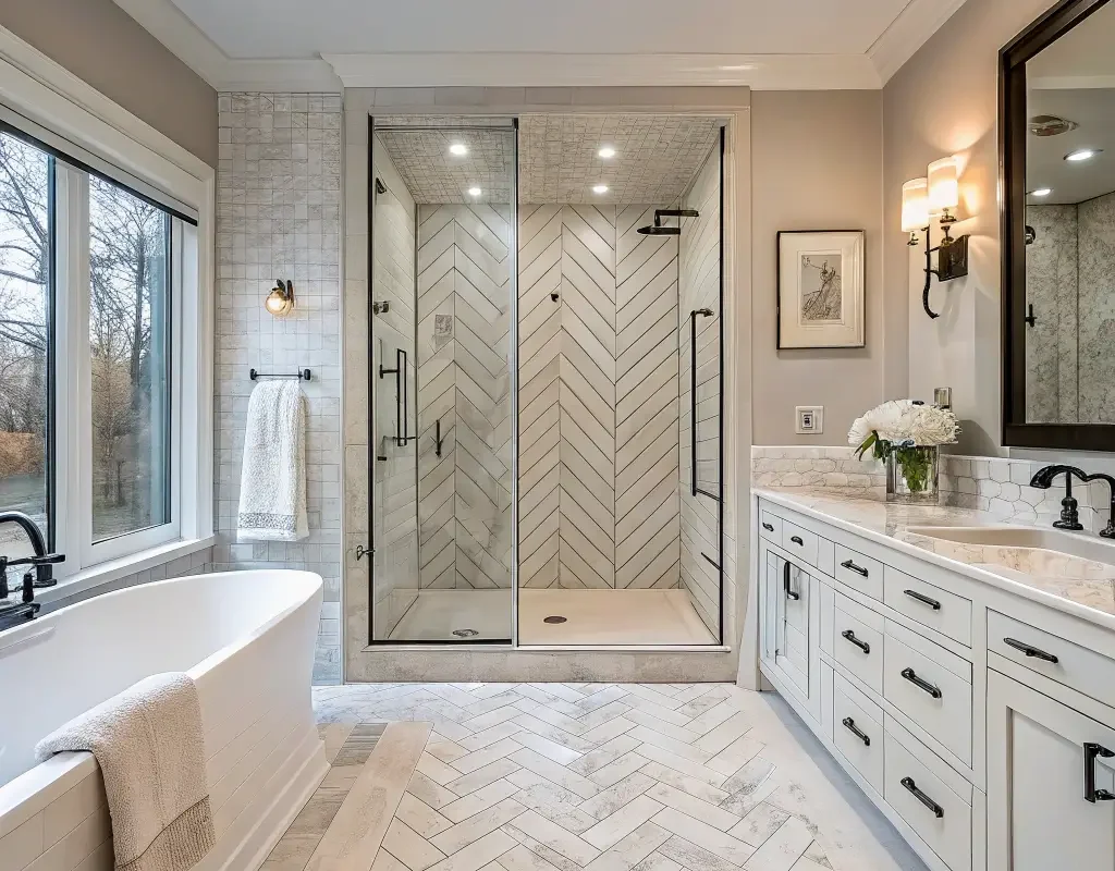 Elegant Herringbone Shower Tile Layout