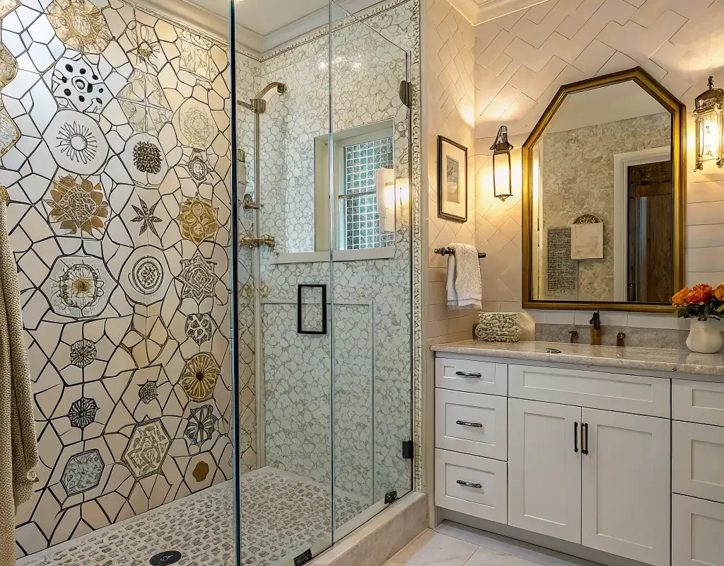 Hexagon Tile Showers with Mosaic Details