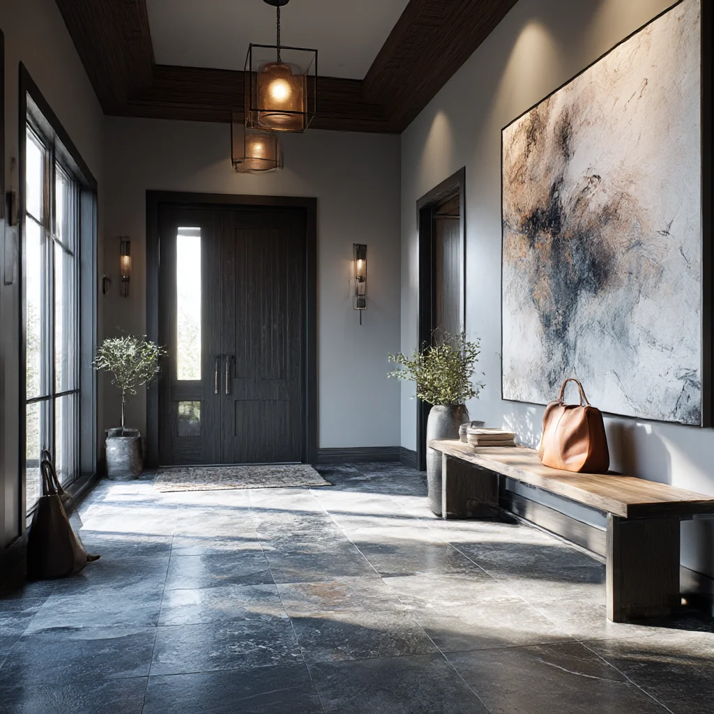 Minimalist Stone Tile Foyer with Modern Art