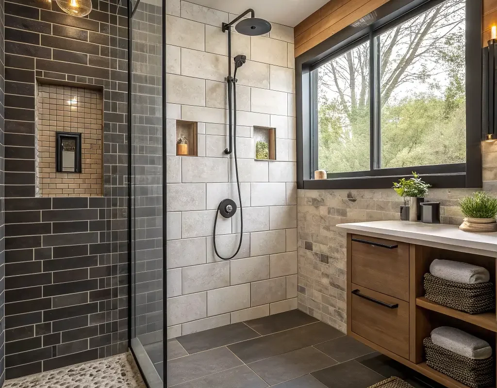 Mixed Material Contrast Shower Tiles
