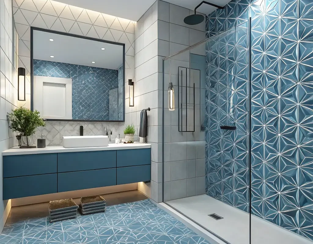 Modern Geometric Blue Tile Bathroom