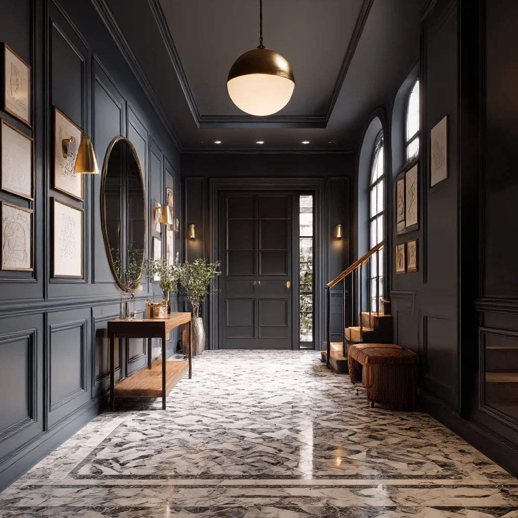 Moody Luxe Hallway with Dark Walls