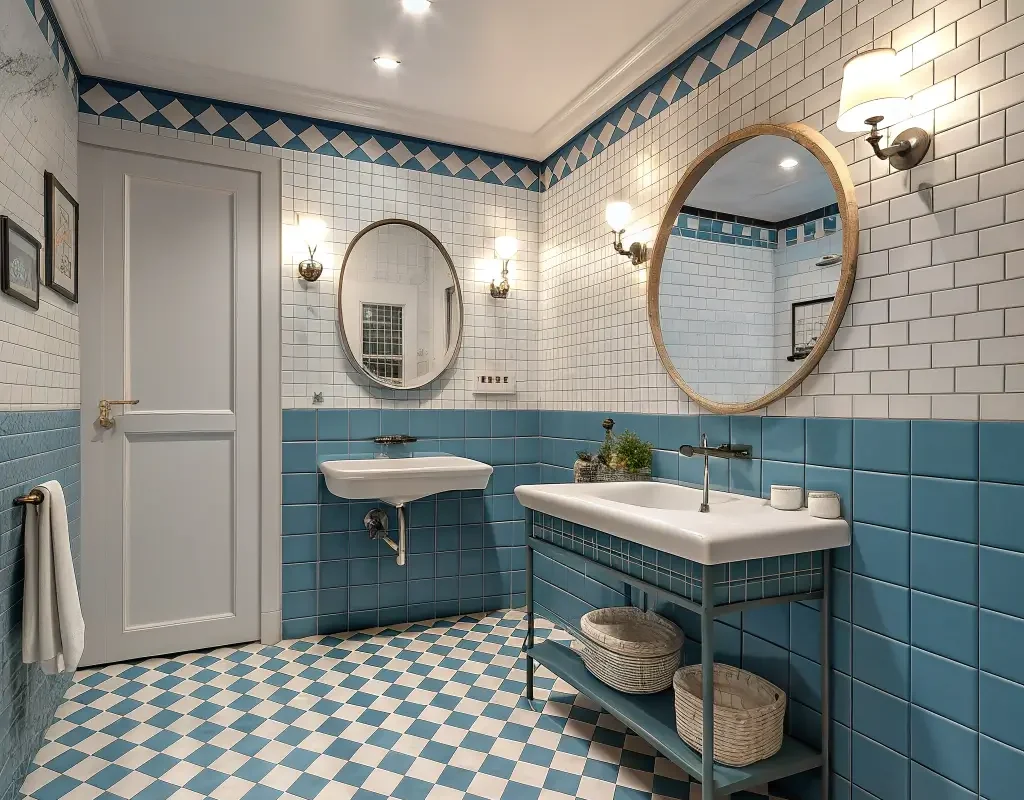 Retro Blue Checkerboard Tile Bathroom