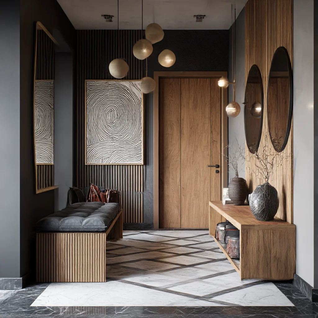 Scandinavian Modern Entryway with Wood and Marble Mix
