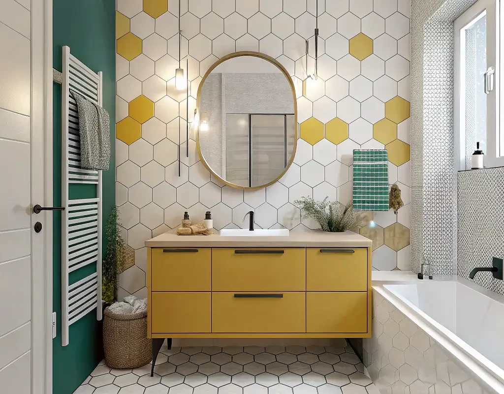 Two Tone Hexagon Tile Bathroom Designs