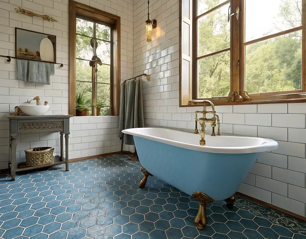 Vintage Blue Hexagon Tile Bathroom