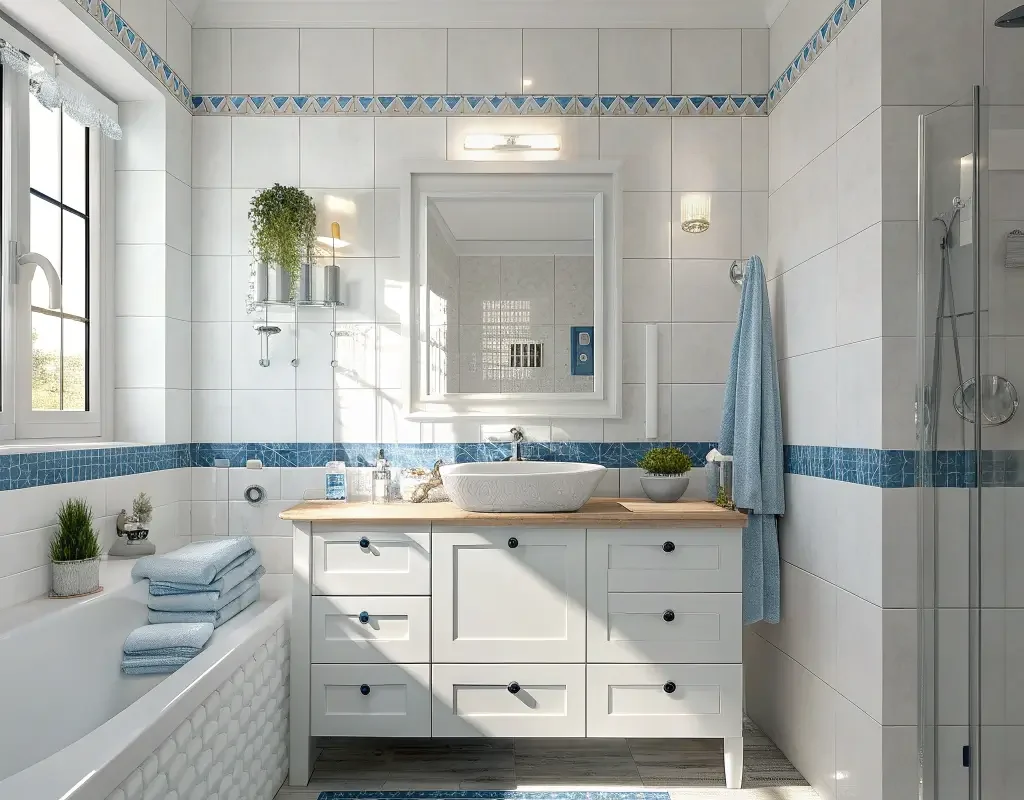 White Tiles with Blue Accents