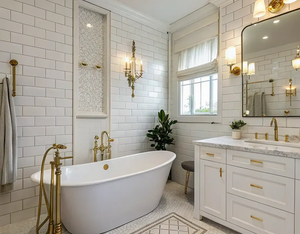 White Tiles with Gold Fixtures