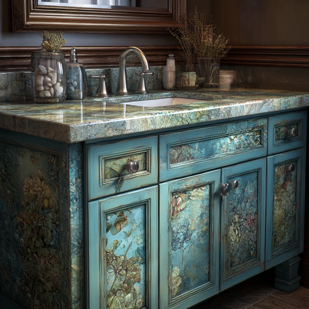 aqua botanical vanity with marble top