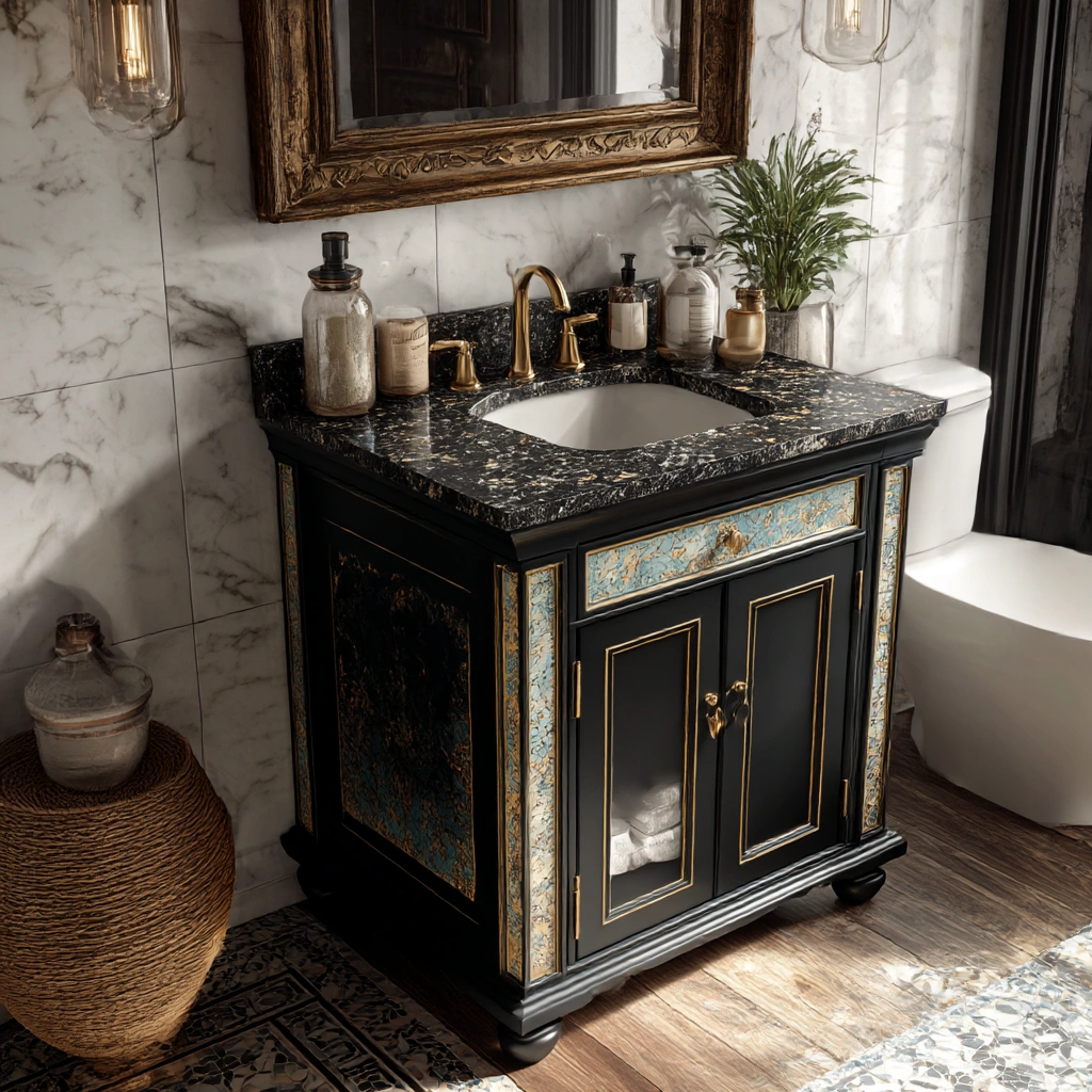 black marble vanity with gold trim