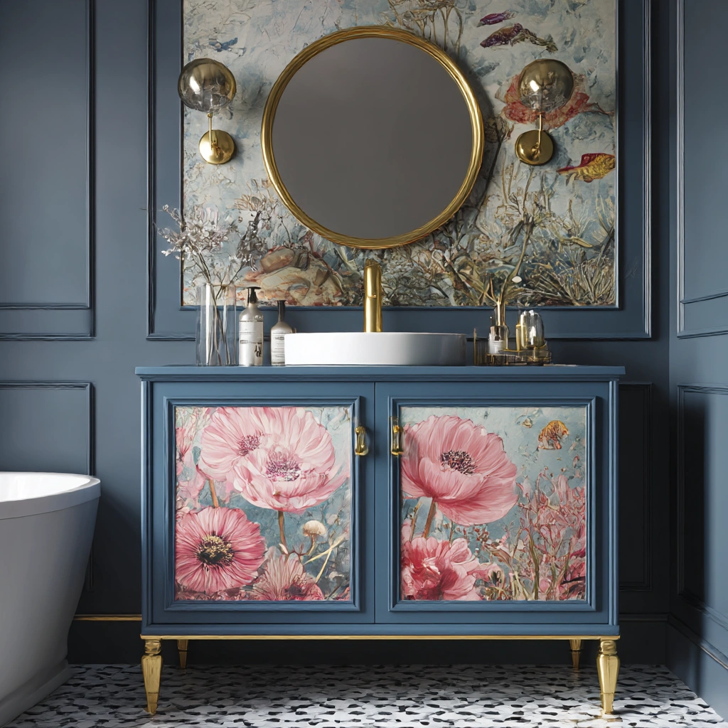 botanical blue vanity with floral panels