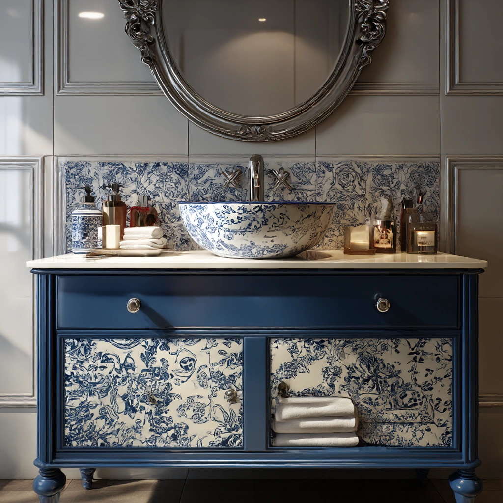 classic blue and white ceramic vanity