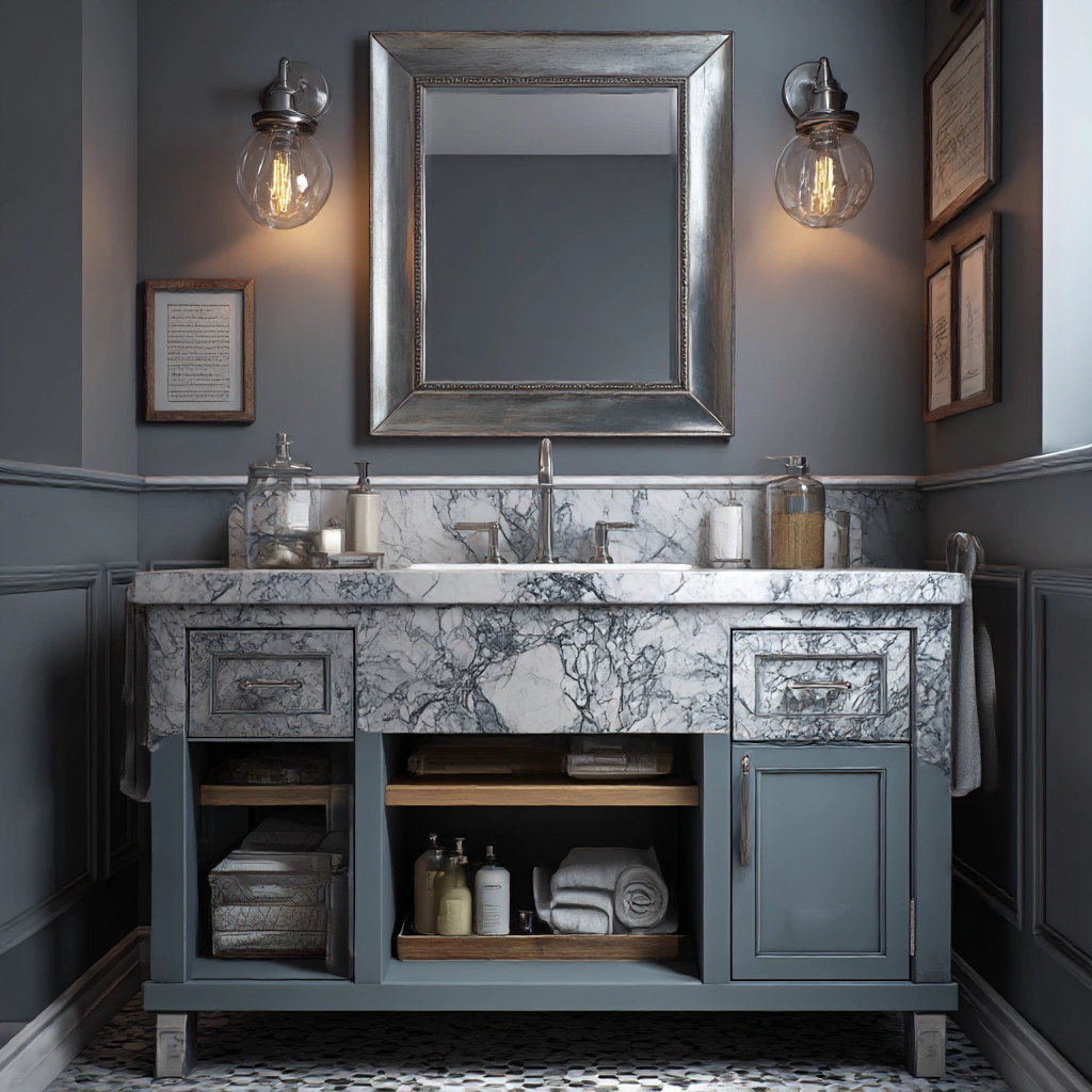 classic blue grey vanity with marble top