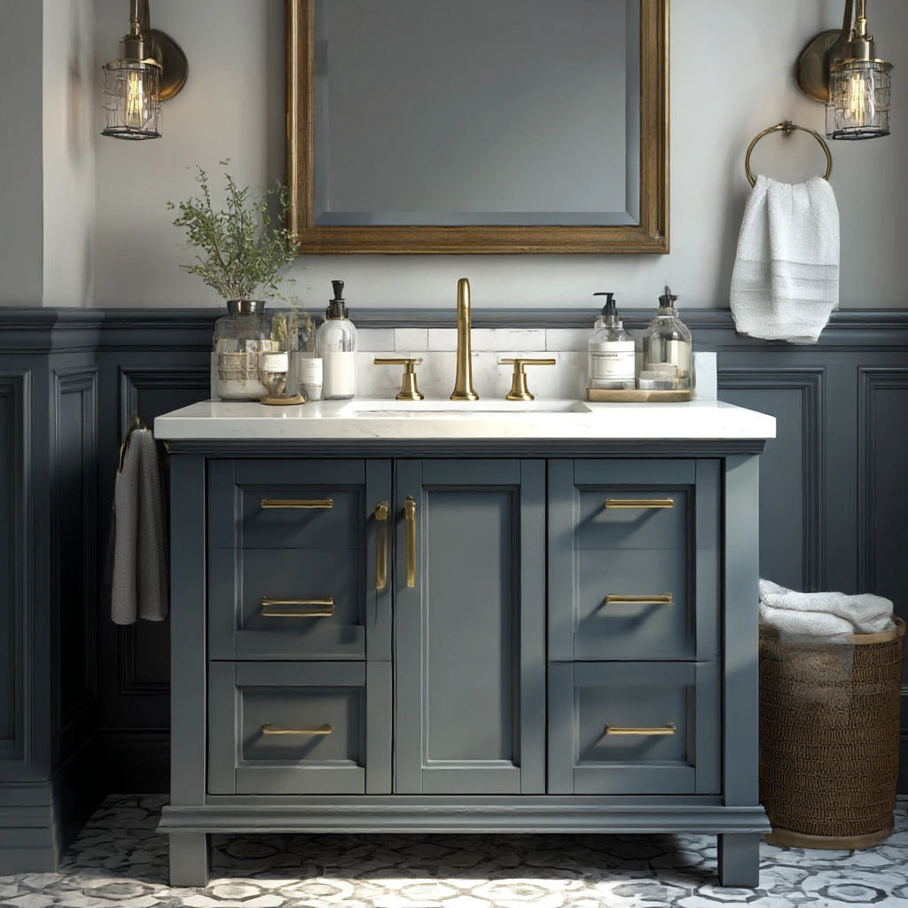 contemporary grey vanity with brass hardware