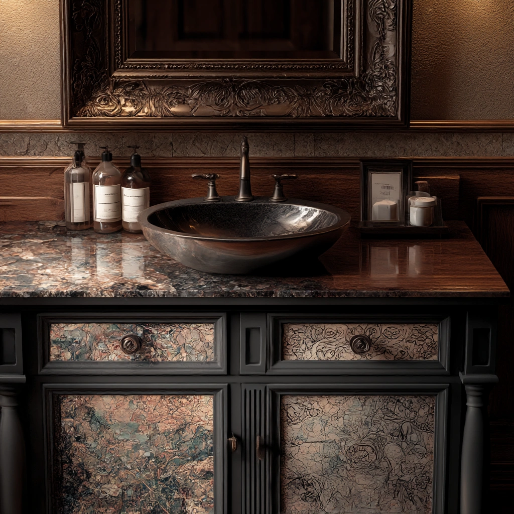 copper luxe vanity with textured panels