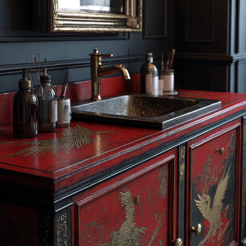 oriental red and gold vanity with crane motif
