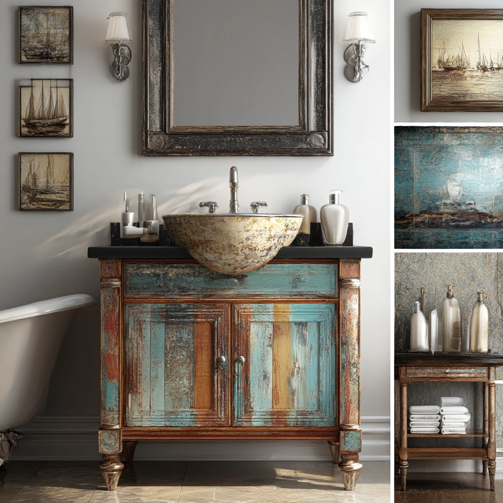 rustic coastal vanity with patina finish