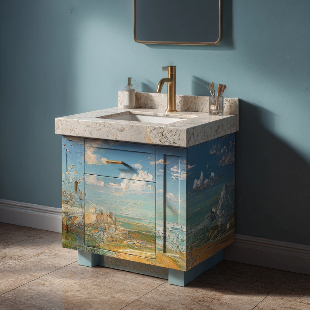 skyline blue vanity with art inspired detailing
