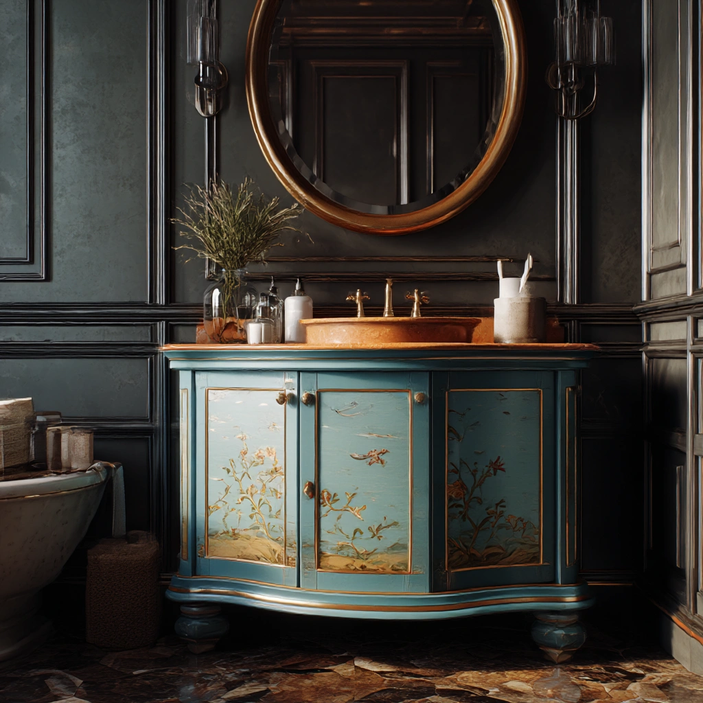 vintage teal vanity with gold accents