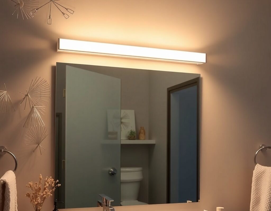 a wide vanity bar light above the mirror