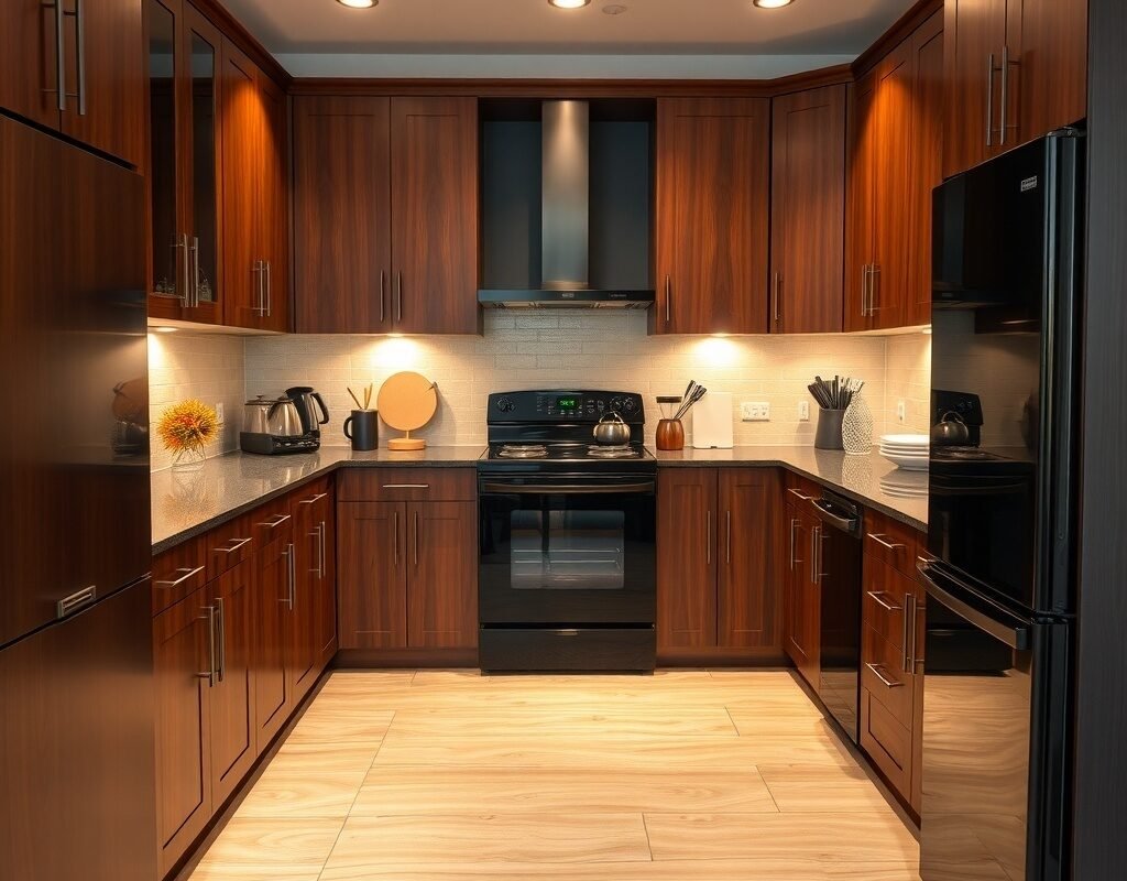 black appliances with brown wood cabinets