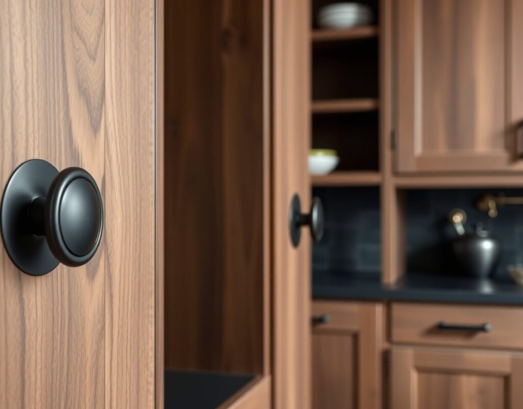 black metal handles on wood cabinets