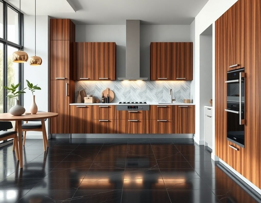 black tile floor with brown wood accents