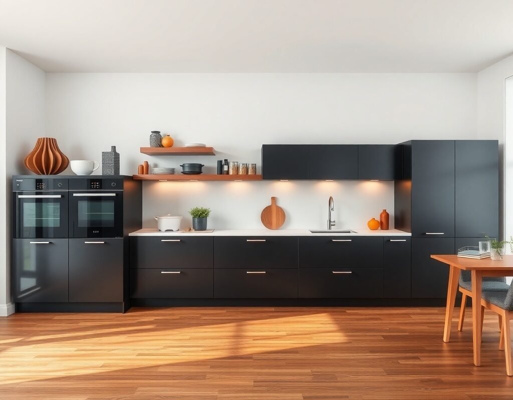 brown wood floor with black base cabinets