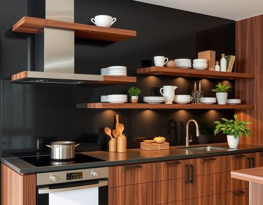 brown wood shelving on black backsplash