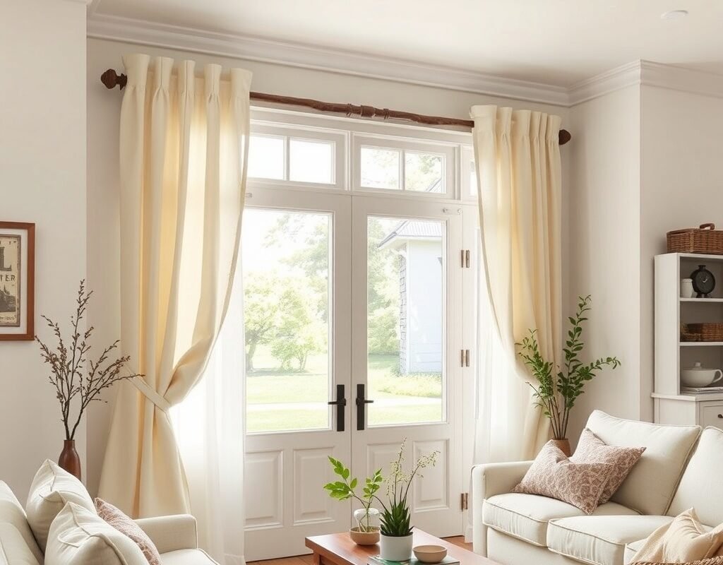 cream curtains with a wood curtain rod