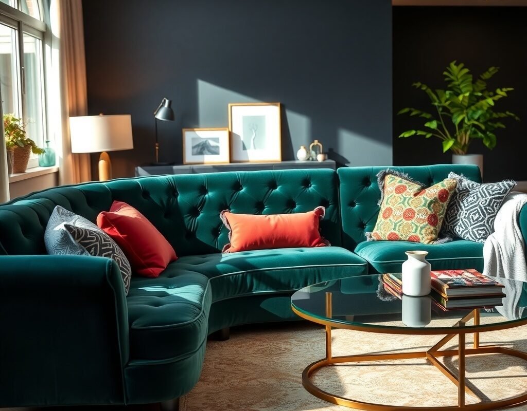 deep green velvet sofa