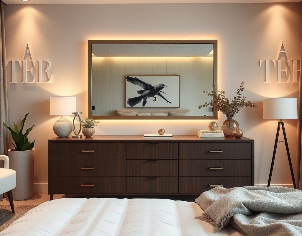 dresser with a large mirror