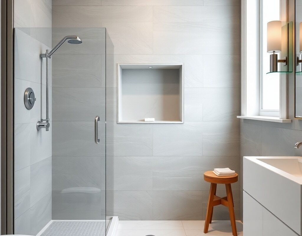 gray shower tiles with a niche