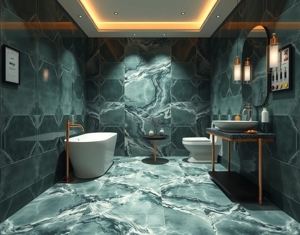 green marble hexagon tile floor