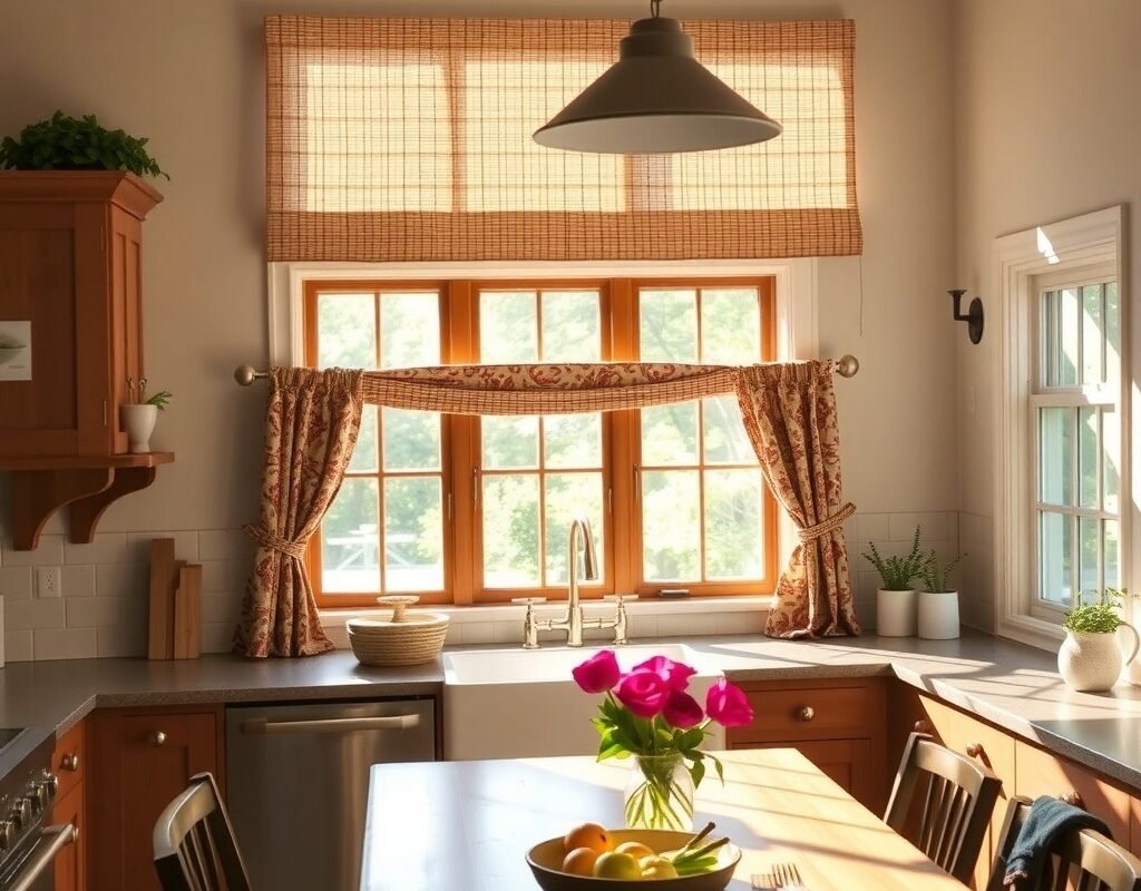natural woven shades with side curtain panels